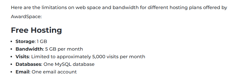 AwardSpace free web hosting account limits